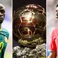 A triptych showing Sadio Mane, the Ballon d'Or trophy and Achraf Hakimi.