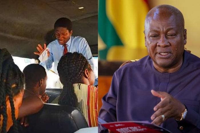 A man preaching on a bus (left) and President John Mahama (right)