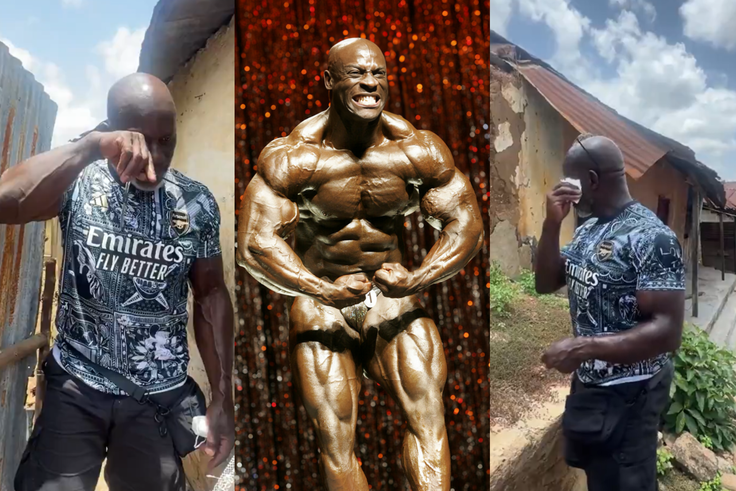 Ghanaian bodybuilding champion breaks down as he revisits his childhood home (Video)
