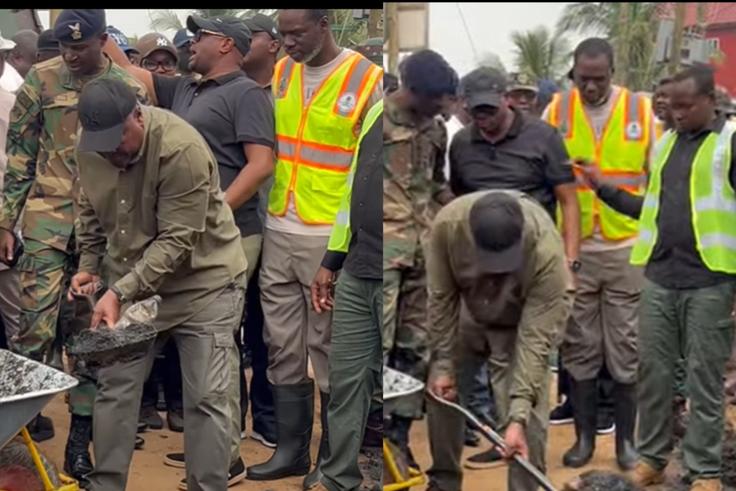 Pres. Mahama clears choked gutter at Tse Addo as he joins national clean-up exercise (video)