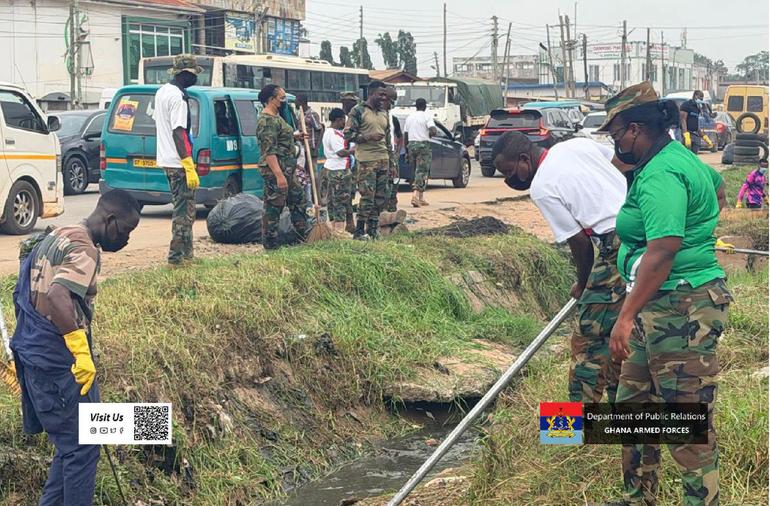 Personnel of the Ghana Armed Forces participating actively in the  National General Cleaning Exercise within the Nungua general area.