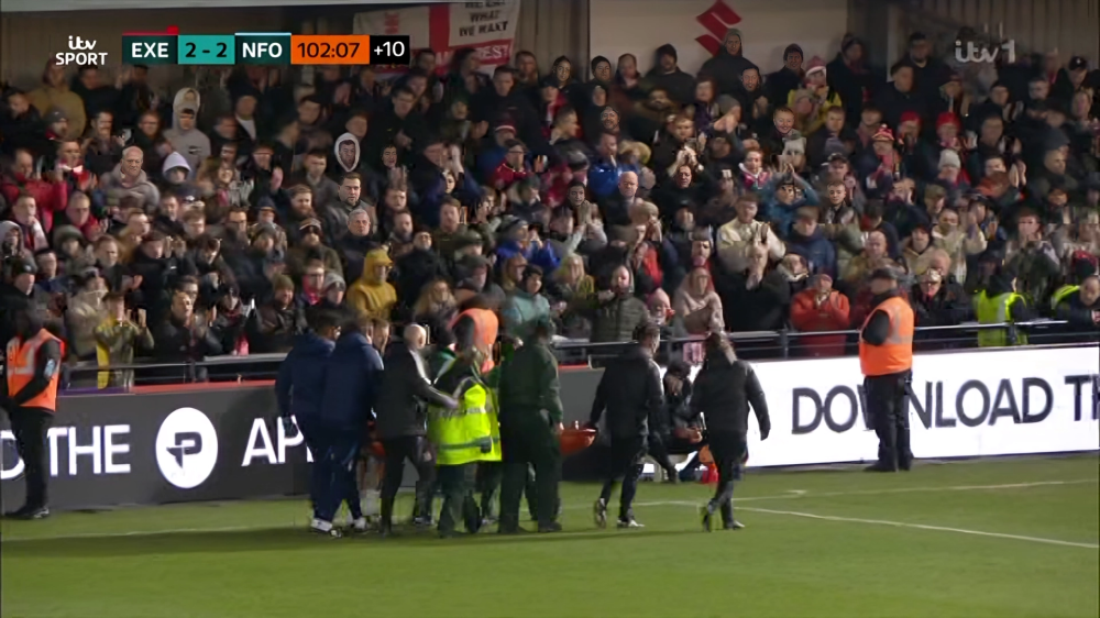 Exeter vs Forest: Ambulance crew rushes to aid Awoniyi after bloody on-pitch collision