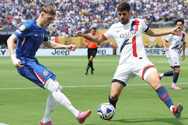 Cole Palmer #10 of Chelsea FC is challenged by Lucas Beraldo #4 of Paris Saint-Germain during the FIFA Club World Cup 2025 Final match between Chelsea FC and Paris Saint-Germain at MetLife Stadium. AFP