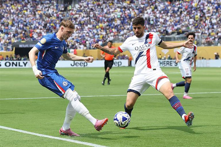 Cole Palmer #10 of Chelsea FC is challenged by Lucas Beraldo #4 of Paris Saint-Germain during the FIFA Club World Cup 2025 Final match between Chelsea FC and Paris Saint-Germain at MetLife Stadium. AFP