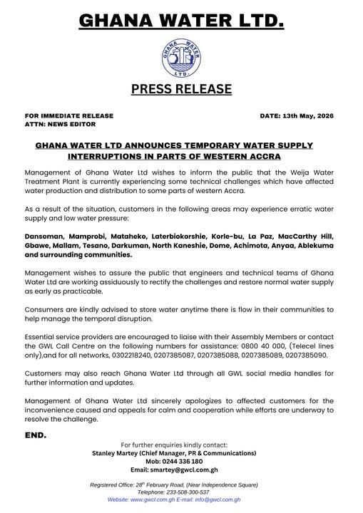 In a press release dated May 13, 2026, the company announced that the challenges had affected water production and distribution across parts of the capital, leading to erratic water flow and low water pressure in multiple communities.