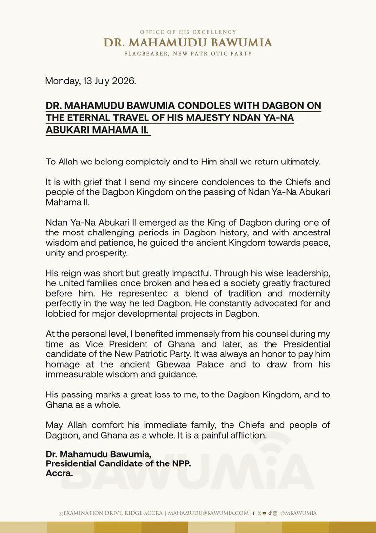 A condolence message by Dr Mahamudu Bawumia issued on Monday, July 13