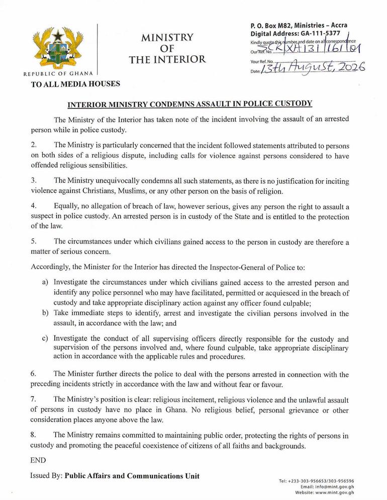 In a statement dated August 13, the Ministry said it was concerned about the incident