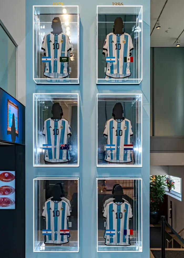 The six shirts worn by Messi during Argentina’s 2022 World Cup campaign on display at Sotheby’s in New York. Photograph: Peter K Afriyie/AP