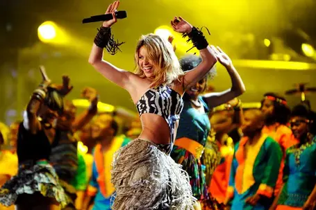 JOHANNESBURG, SOUTH AFRICA - JUNE 10: Shakira performs a song during the kick-off celebration concert for the 2010 FIFA World Cup at the Orlando Stadium on June 10, 2010 in Soweto, South Africa. (Photo by Stuart Franklin/Getty Images)