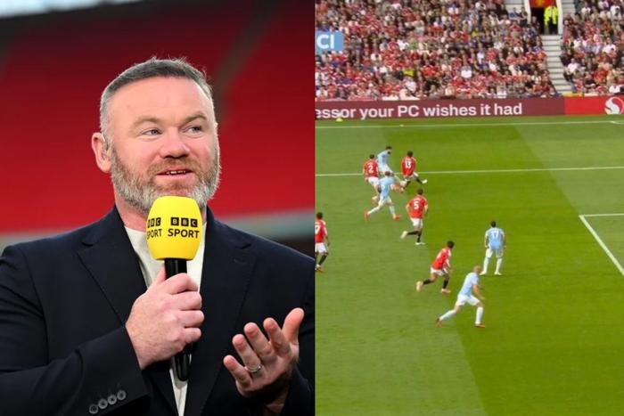 Wayne Rooney speaking on BBC Sport and an image of the controversial offside goal.