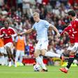 Manchester City forward Erling Haaland (9) battles with Manchester United midfielder Bruno Fernandes (8) during the Manchester United v Manchester City Premier League match at Old Trafford. Photo via Phil Duncan Every Second Media (IMAGO)