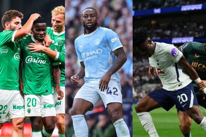 Augustine Boakye scored for Saint-Étienne (left), Semenyo featured in the Manchester Derby (middle) and Kudus comes off the bench in Tottenham's draw (right)