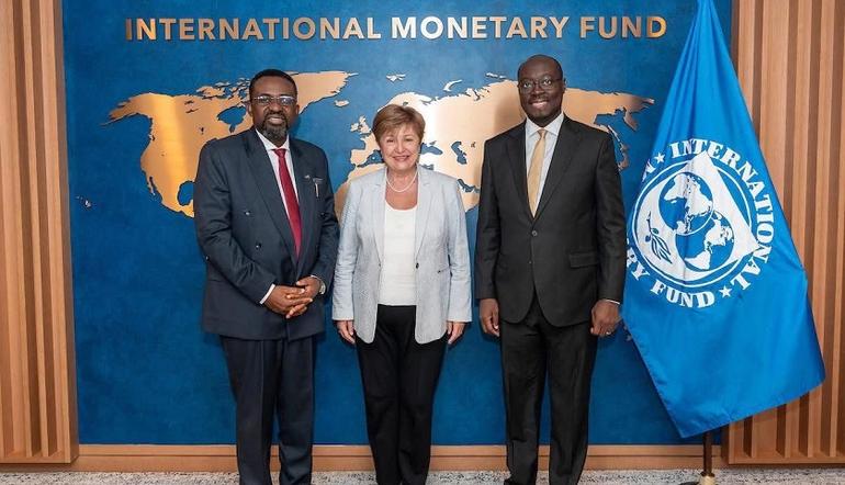 Governor of the Bank of Ghana, Dr. Johnson Asiama, Kristalina Georgieva, the head of the International Monetary Fund and Minister for Finance, Dr. Cassiel Ato Forson