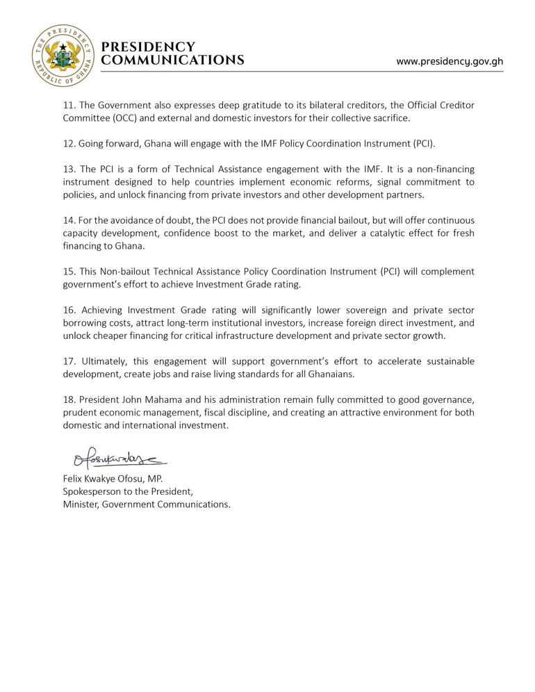 In a statement issued on Friday, May 15, 2026, government said the country will now transition to a non-financing Policy Coordination Instrument (PCI) arrangement with the IMF.