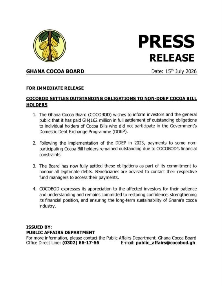 COCOBOD pays GH¢162 million to settle outstanding cocoa bill debts