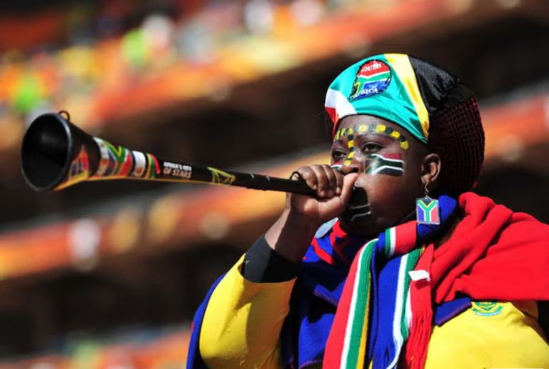A South Africa fan blows a vuvuzela at the 2010 World Cup (Getty)