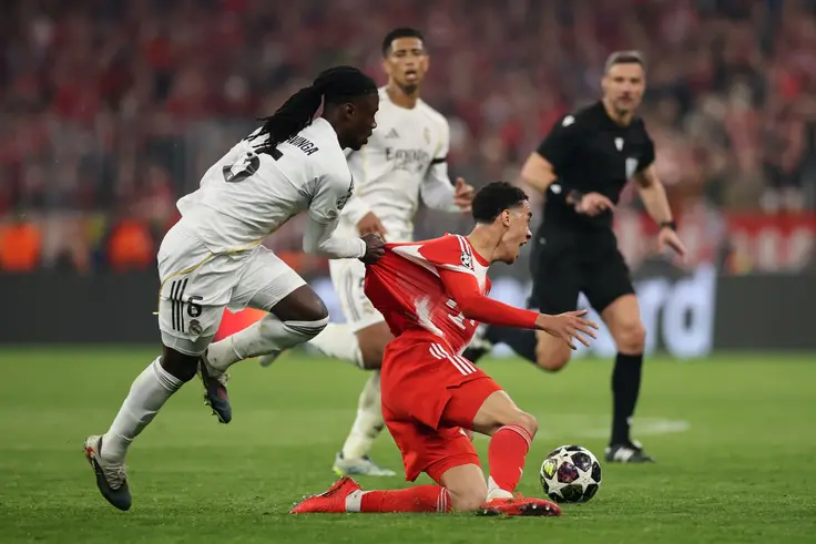 Camavinga was shown a red card for time wasting. (Photo by Alex Grimm/Getty Images)