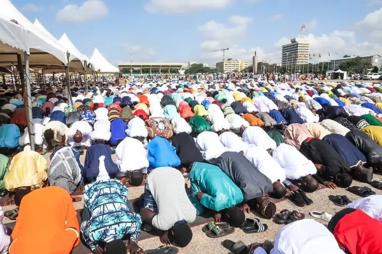 Thousands of Muslims observe Eid al-Adha 2025 at Independence Square. Credit: Myjoyonline.com
