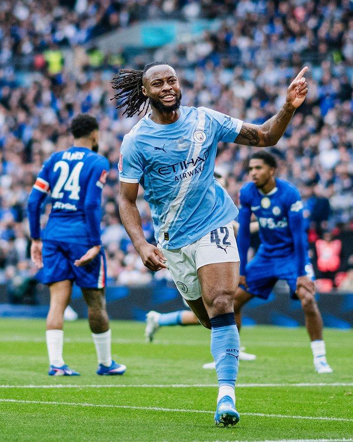 Antoine Semenyo celebrating after scoring the only and decicive goal in the FA Cup final