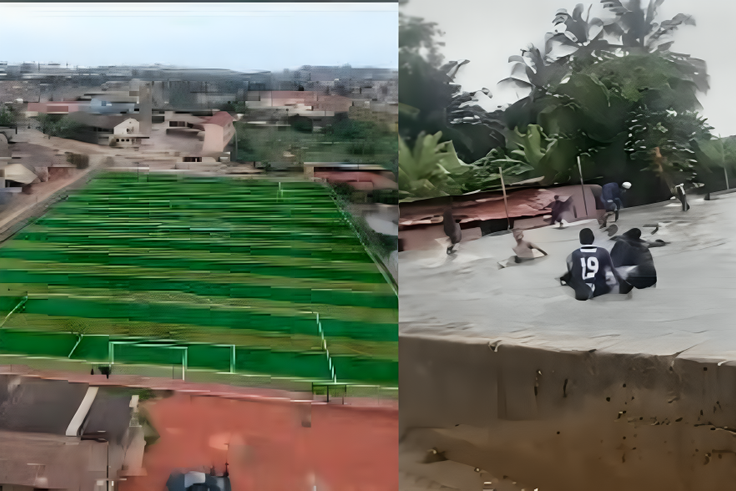 GH₵300,000 AstroTurf turns into swimming pool after heavy rainfall in Takoradi (Video)
