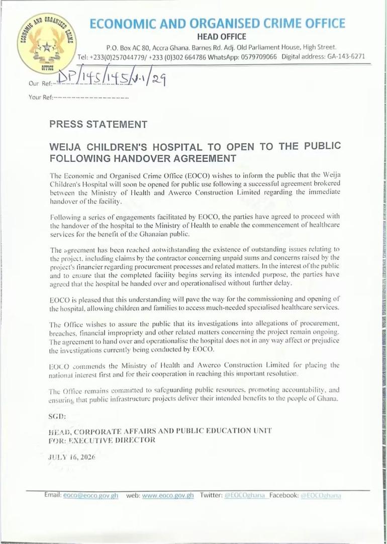 Official Statement from EOCO on Weija Children's Hospital