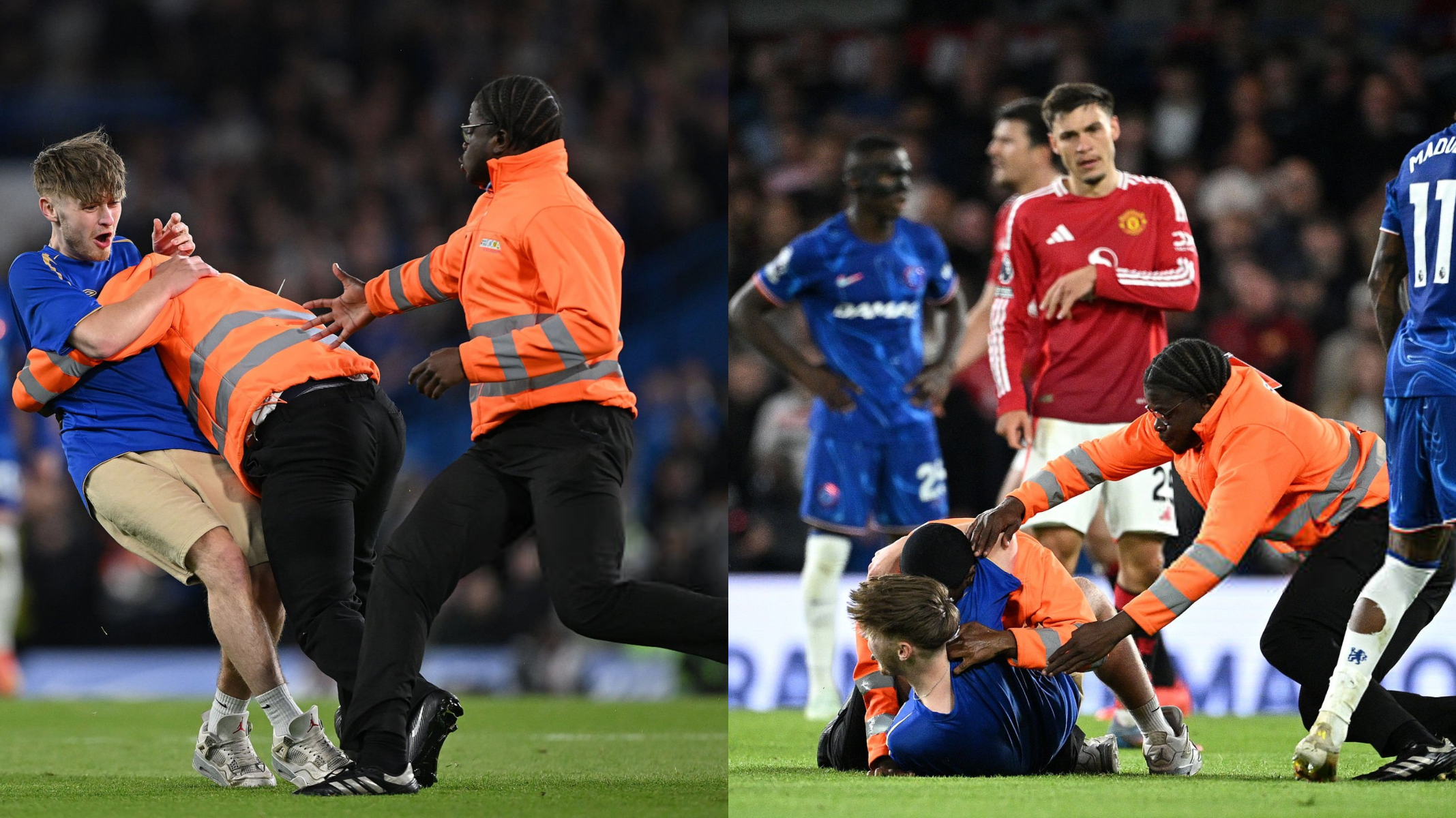 Pitch invader tackled like WWE star during Chelsea vs Man United match (Video)