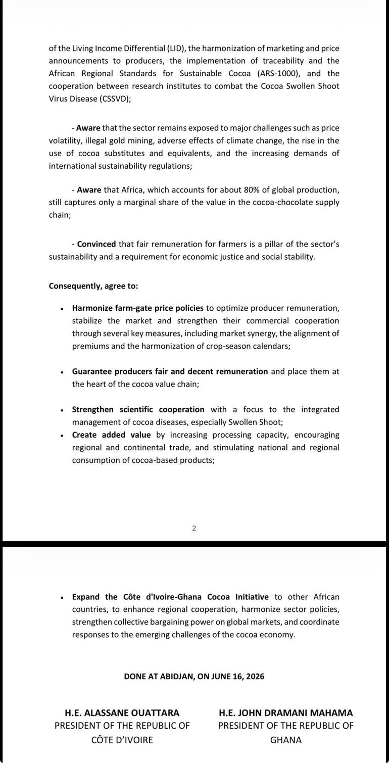 The agreement was reached during the Côte d'Ivoire-Ghana High-Level Summit on the Future of the Cocoa Economy held in Abidjan on 16 June 2026