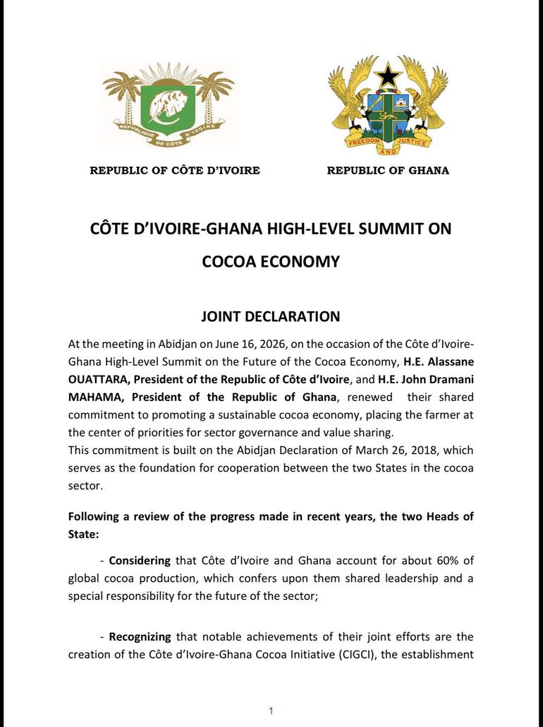 The agreement was reached during the Côte d'Ivoire-Ghana High-Level Summit on the Future of the Cocoa Economy held in Abidjan on 16 June 2026
