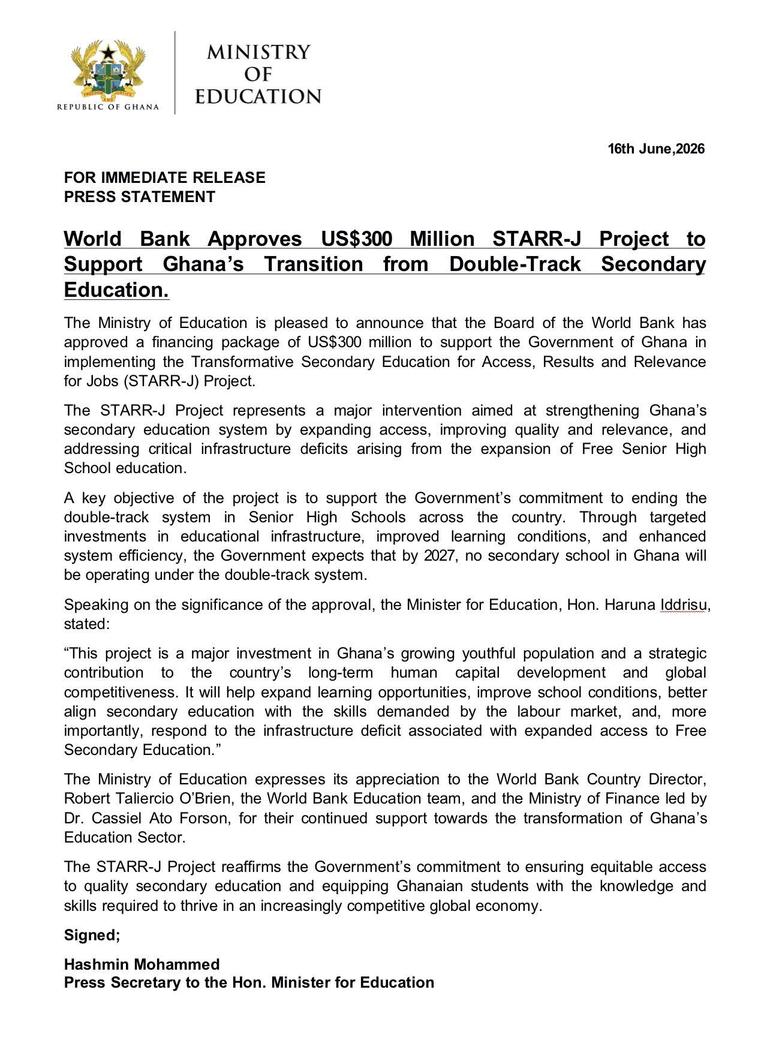 The funding, approved by the World Bank Board, was confirmed in a statement issued by the Ministry of Education on 16 June 2026.