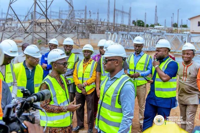 the Minister for Energy and Green Transition, Dr. John Abdulai Jinapor, during an inspection of the Kumasi–Anwomaso Transmission Line Upgrade (K1–K2 Project) at Anwomaso