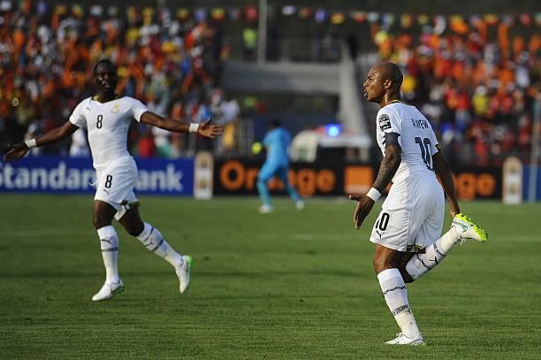 Ghana’s Andre Ayew (R) celebrates his goal against Senegal with his team mater Emmanuel Badu Agyemang (L) during the 2015 African Cup of Nations Group C  soccer match between Senegal and Ghana at Mongomo Stadium in Mongomo on January 19, 2015.