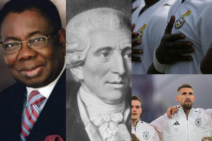 Philip Gbeho (left), Joseph Haydn (middle), Black Stars singing national anthem (upper right) and German natioinal team singing national anthem (lower right).