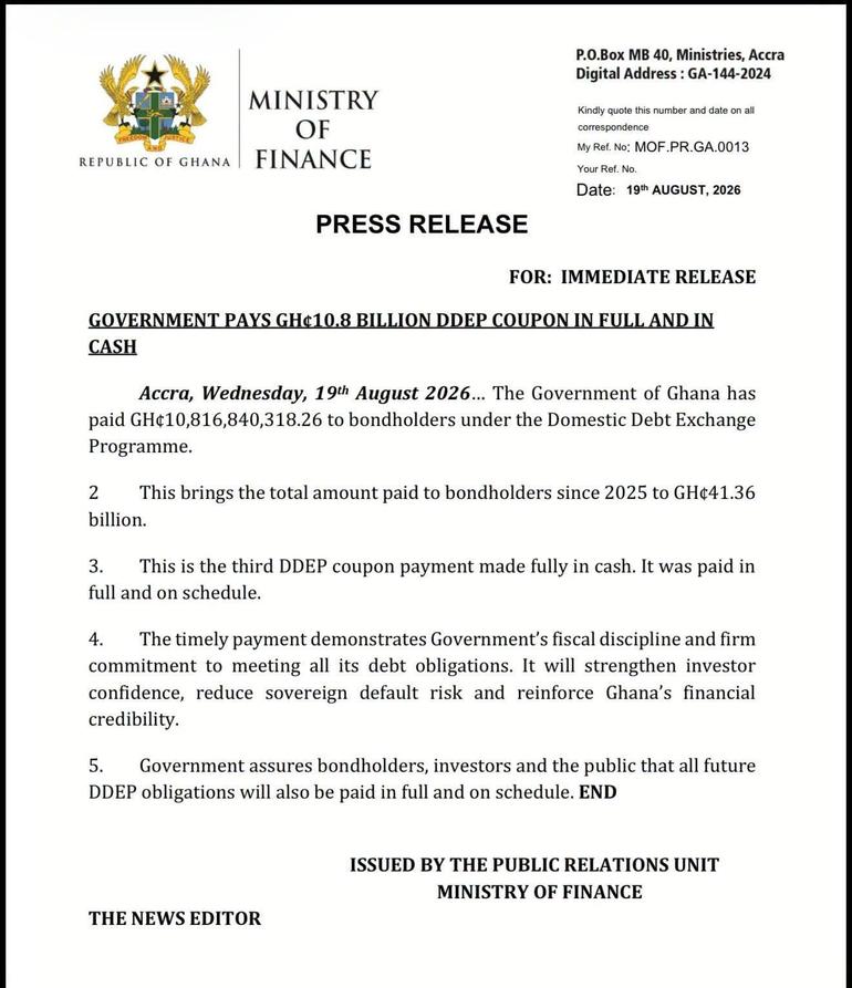 The Ministry of Finance announced the payment in a statement dated Wednesday, August 19, 2026, saying the amount was settled in full and on schedule.