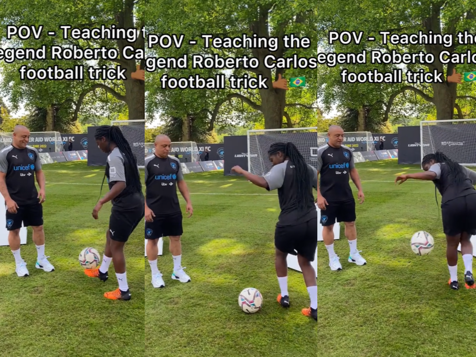 Video: Real Madrid legend Roberto Carlos learns football trick from Black Queens player Freda Ayisi