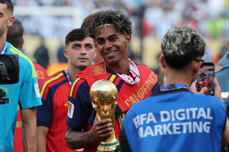 Spain Wins 2026 World Cup Final Lamine Yamal celebrates after winning the 2026 World Cup on the day of the final match between Spain and Argentina at the New York New Jersey Stadium