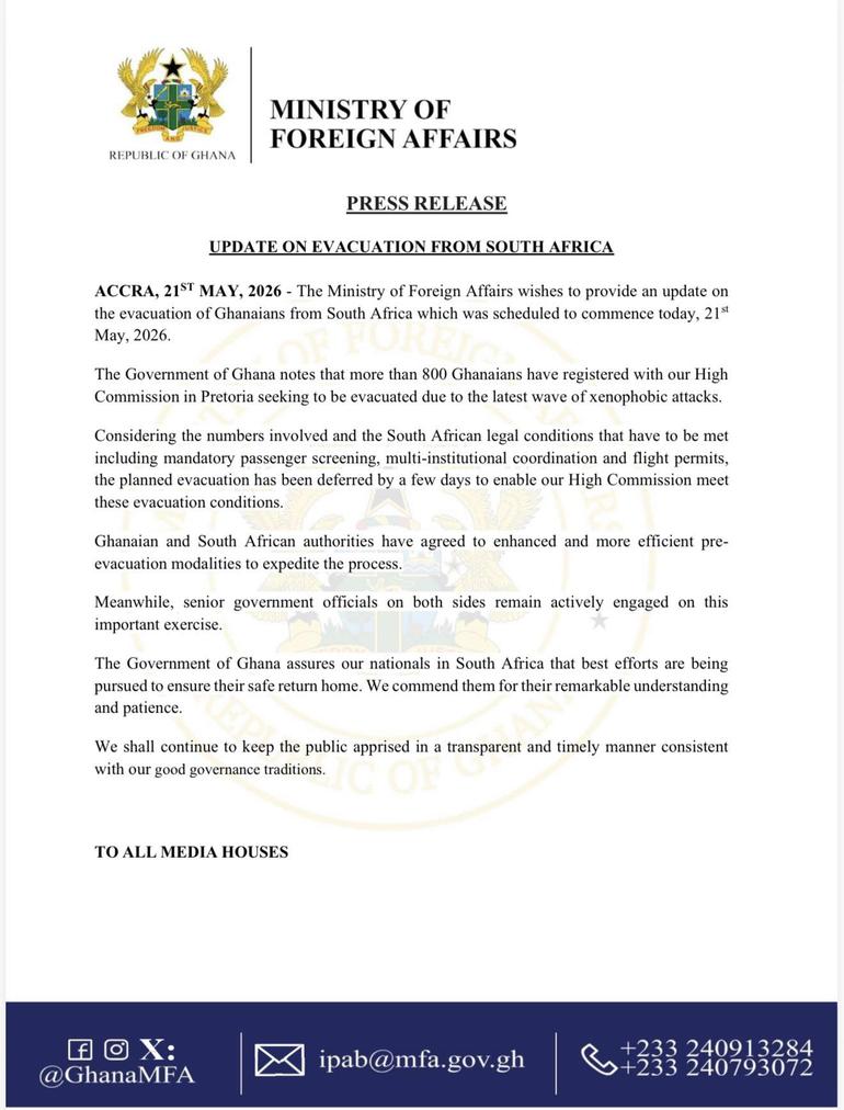 In a press release issued on Wednesday, May 21, 2026, the Ministry stated that the evacuation exercise, which was scheduled to commence today, had been deferred by a few days due to logistical and legal requirements that must first be completed.