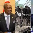 Pres. Mahama (left), image of slavery (middle) and Pres. Macron (right)