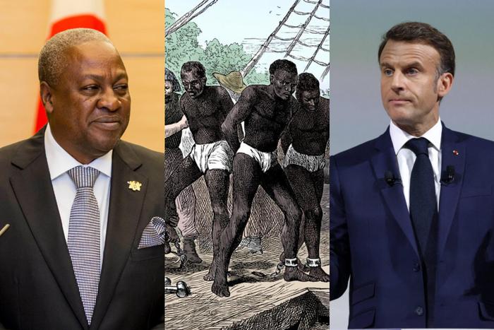 Pres. Mahama (left), image of slavery (middle) and Pres. Macron (right)