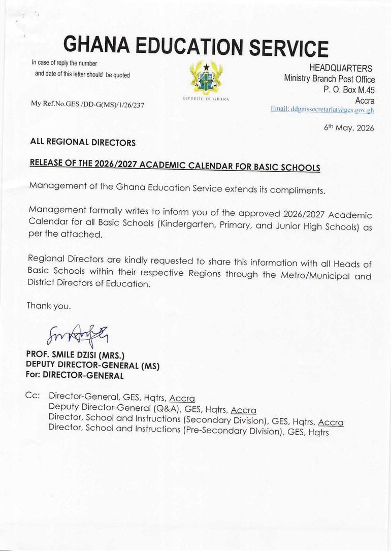 The calendar was contained in a circular signed by the Deputy Director-General of GES, Prof. Smile Dzisi, on behalf of the Director-General.