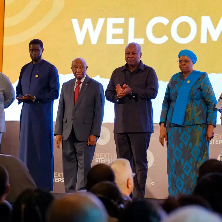 John Mahama is joined on stage by leaders and representatives of African countries during the conference in Accra, Ghana. Photograph: Francis Kokoroko/Reuters