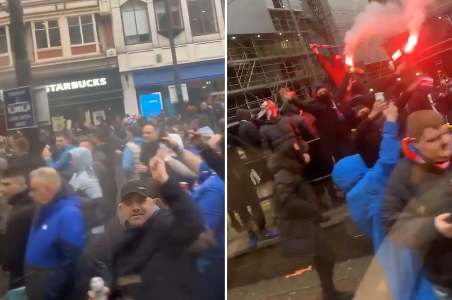 [Video] Rangers and Manchester United hooligans clash and throw bottles at each other