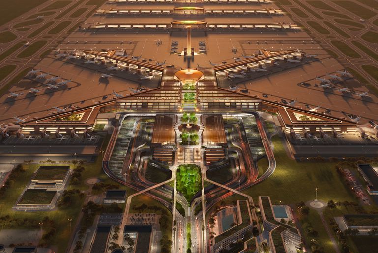 A render of Bishoftu International Airport, in Ethiopia, designed by Zaha Hadid Architects (ZHA). Image via X-Universe