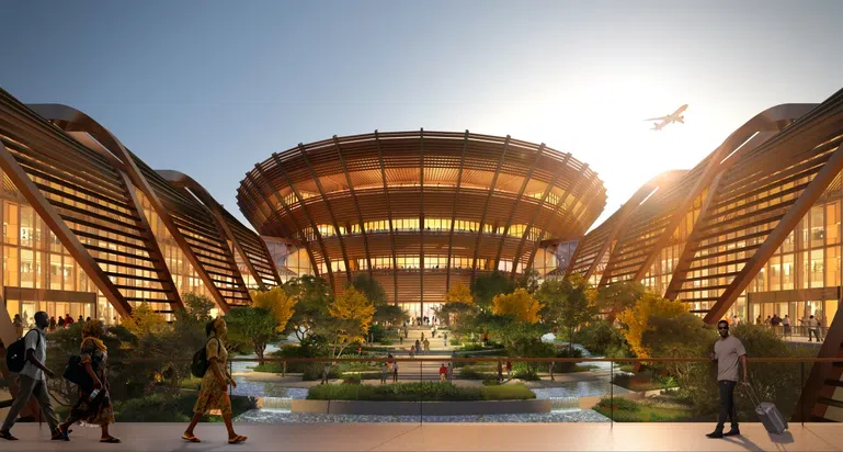 A render of Bishoftu International Airport, in Ethiopia, designed by Zaha Hadid Architects (ZHA). Image via X-Universe