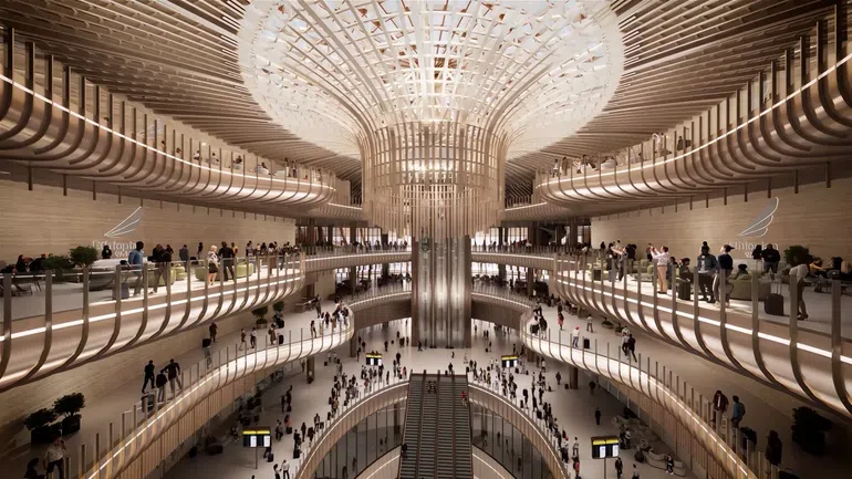 A render of Bishoftu International Airport, in Ethiopia, designed by Zaha Hadid Architects (ZHA). Image via X-Universe