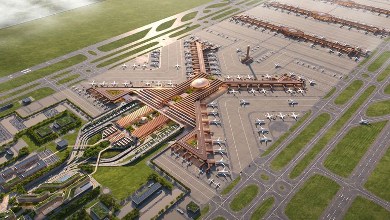 A render of Bishoftu International Airport, in Ethiopia, designed by Zaha Hadid Architects (ZHA). Image via X-Universe