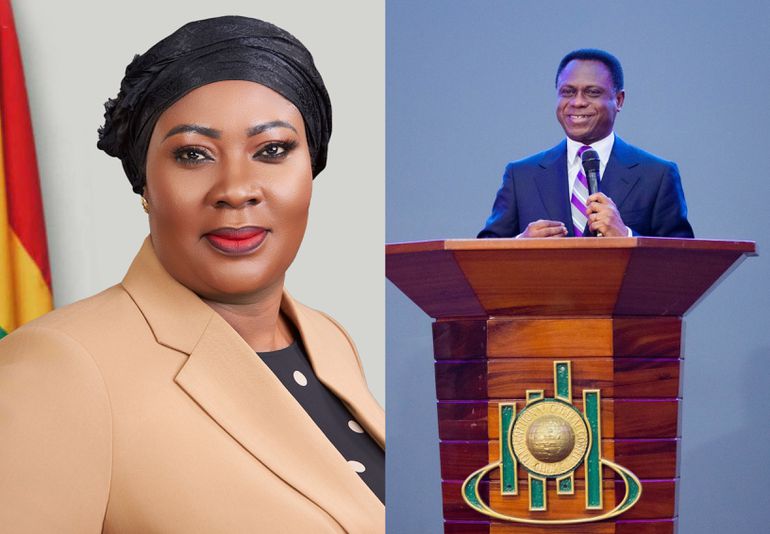 Dr. Mary Awusi, Chief Executive Officer of the Ghana Free Zones Authority and Chairman of the Church of Pentecost, Apostle Eric Nyamekye.