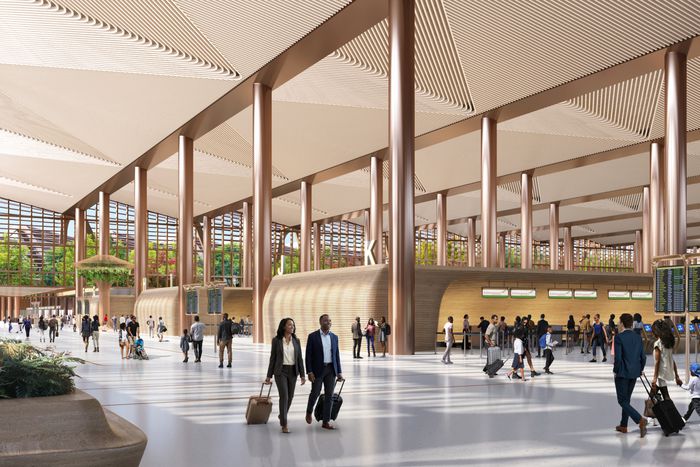 A render of Bishoftu International Airport, in Ethiopia, designed by Zaha Hadid Architects (ZHA). Image via X-Universe