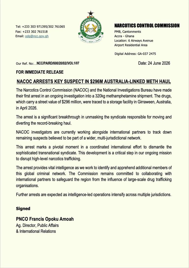NACOC, BNI arrest key suspect in $296 Million Australia-bound meth shipment linked to Ghana