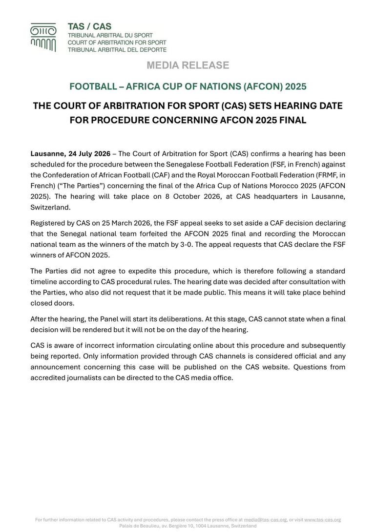 CAS sets October 8 hearing for Senegal's AFCON 2025 appeal against Morocco