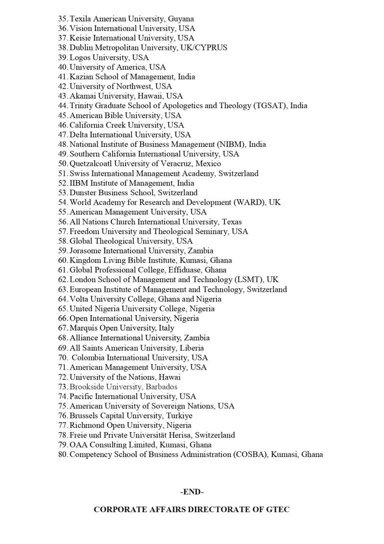 In a public notice issued on Thursday, 25 June 2026, GTEC stated that the institutions listed have not been recognised by the Commission due to various quality assurance concerns.